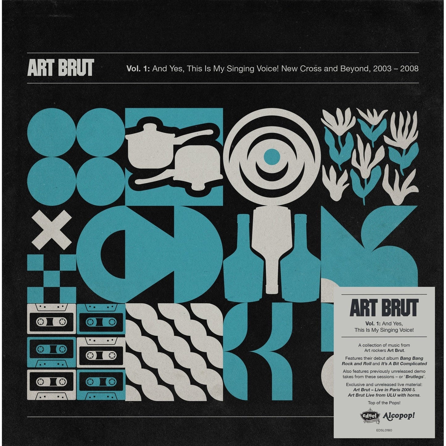 Album cover with geometric blue and cream icons on a black background.