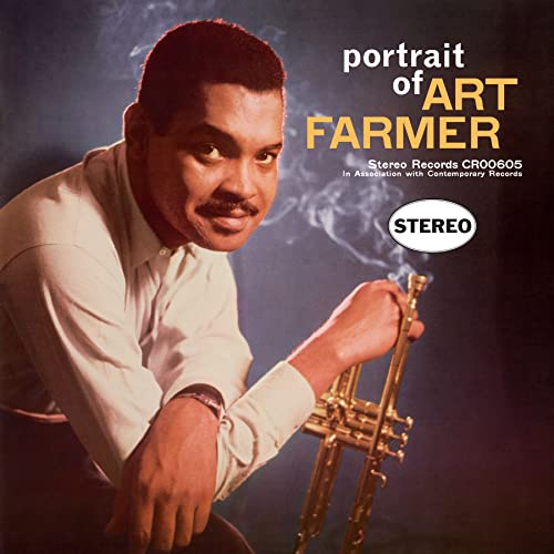 Art Farmer holding a trumpet on the Portrait of Art Farmer vinyl album cover.