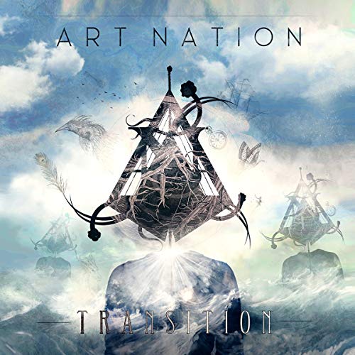 "Album cover 'Art Nation - Transition' featuring a surreal, cloudy scene with abstract, mechanical shapes."
