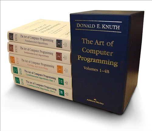 Boxed set of four thick, cream and navy blue computer programming books.