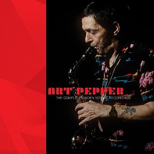 Art Pepper playing saxophone against a black background with a red vertical side panel.