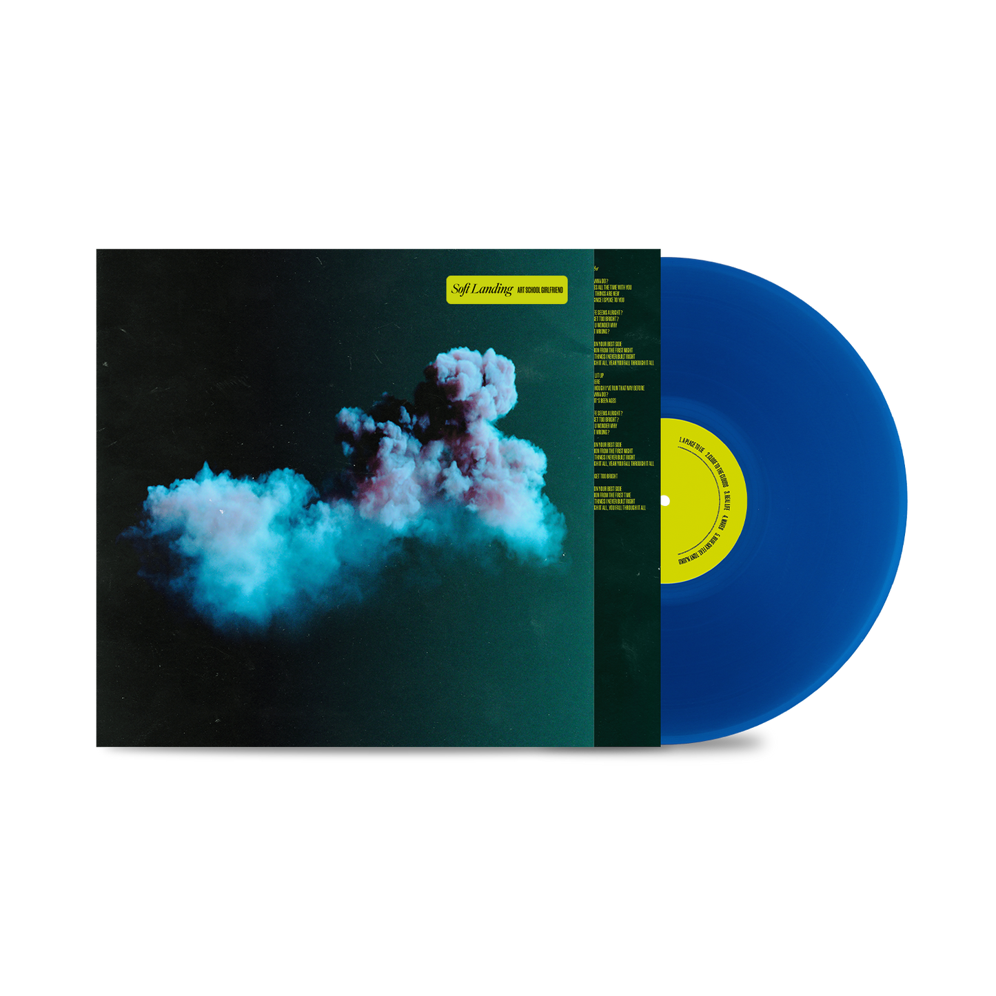 "Blue vinyl record with album cover featuring a cloud image against a dark background."