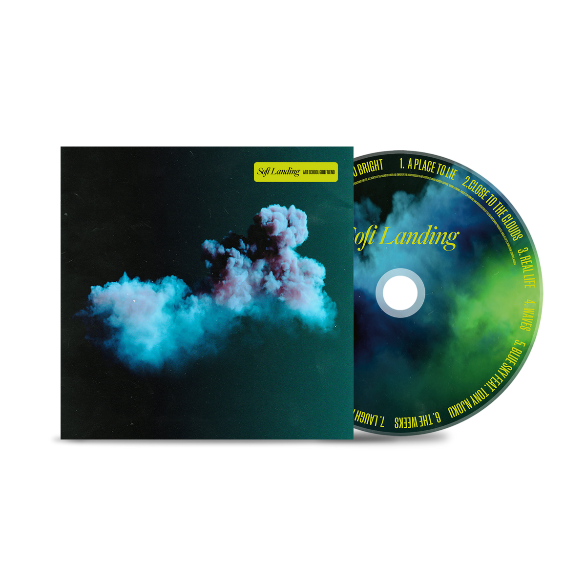 "CD case and disc with cloud design, titled 'Soft Landing' by Art School Girlfriend."