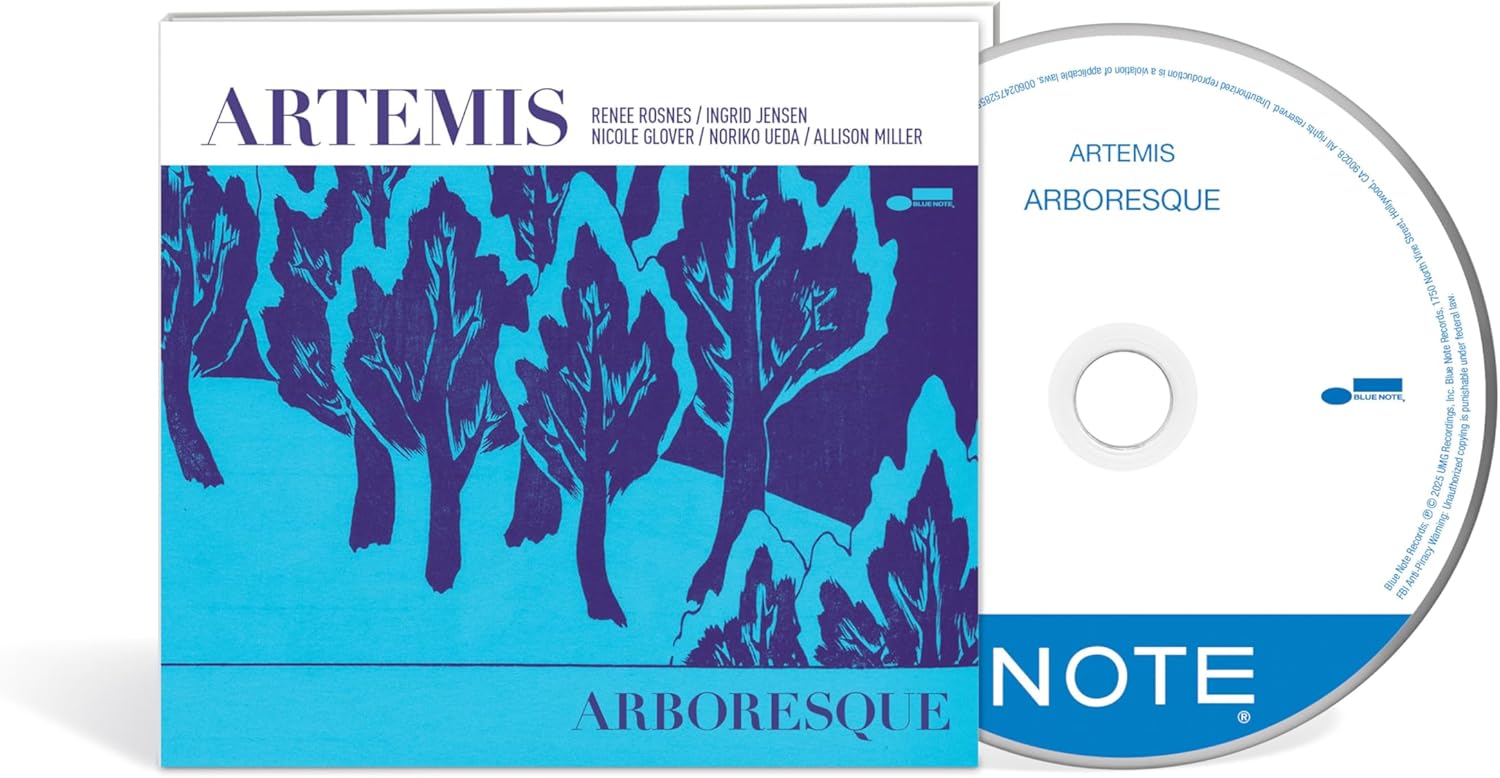 CD case and disc for Artemis Arboresque featuring blue and purple tree illustrations.