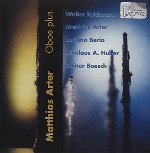 "CD cover with two oboes and list of names on blue background."