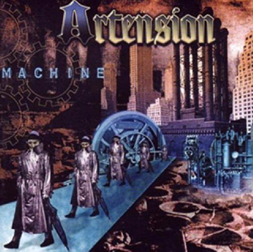 Figures in trench coats walk toward a factory in this industrial-themed album cover art.