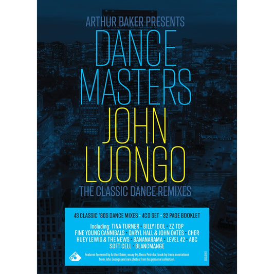 CD cover for “Dance Masters - John Luongo” with a city skyline.