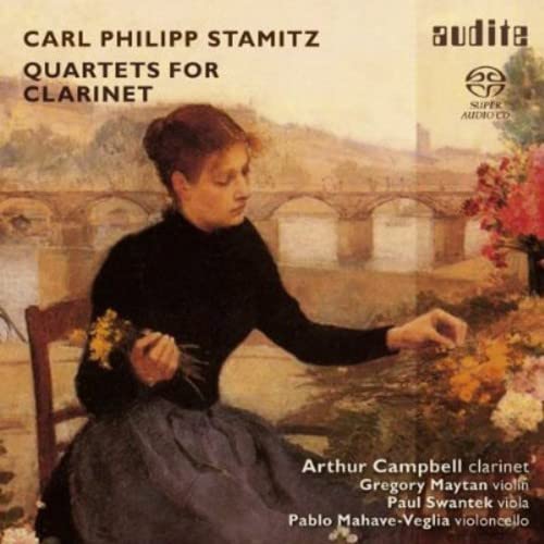CD cover featuring a woman with flowers before a bridge landscape.