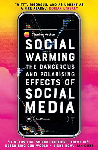 Book cover: "Social Warming" displayed on a black smartphone screen.
