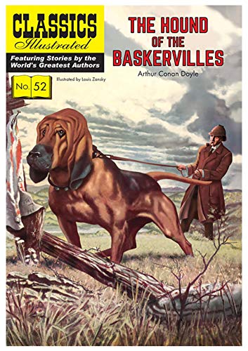 Cover of "The Hound of the Baskervilles" comic with a dog and man.