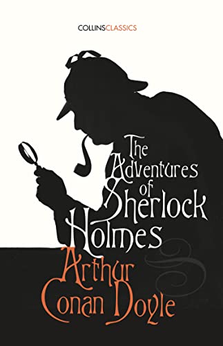 Book cover: Silhouette of Sherlock Holmes with magnifying glass.