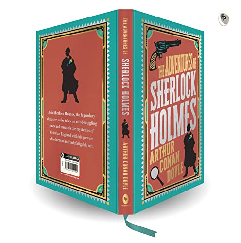 Red and teal hardbound book, “The Adventures of Sherlock Holmes,” with silhouette.