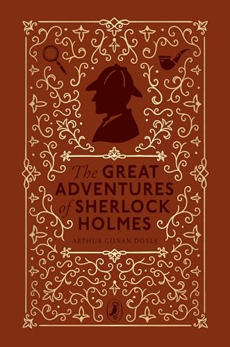 Book cover: “The Great Adventures of Sherlock Holmes” with silhouette and ornate design.