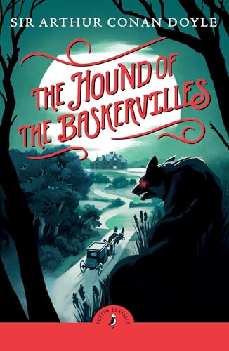 Book cover for "The Hound of the Baskervilles" featuring a hound and manor.