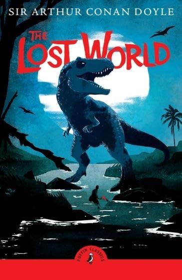 Book cover: dinosaur looming over a person in a jungle landscape.