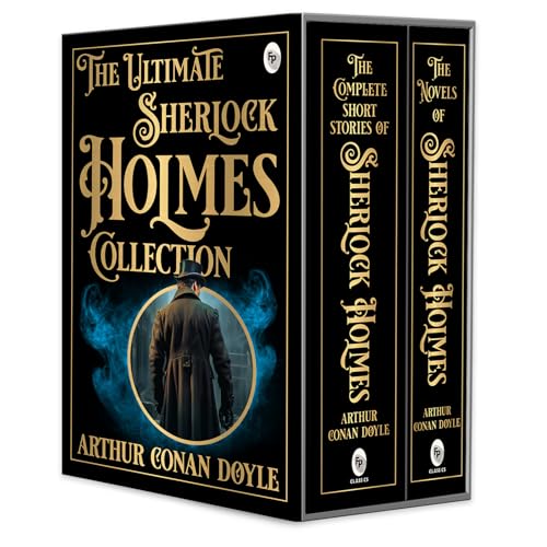 Black boxed set of Sherlock Holmes books with gold text and a detective illustration.