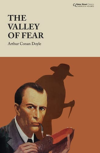 Book cover for The Valley of Fear featuring Sherlock Holmes and a shadowy figure.