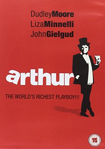 Red DVD cover for "Arthur" featuring a man in a tuxedo and top hat.