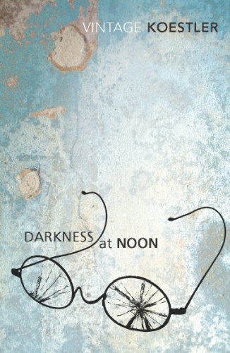 Book cover for "Darkness at Noon" featuring glasses and textured blue background.