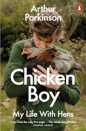 Book cover: young man holding three chickens, titled “Chicken Boy.”