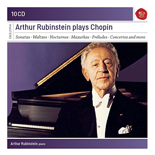 Arthur Rubinstein portrait on a 10-CD Chopin album cover, with a piano.