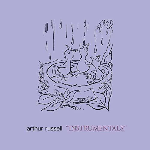 Line drawing of three baby birds in a nest under rain on purple background.