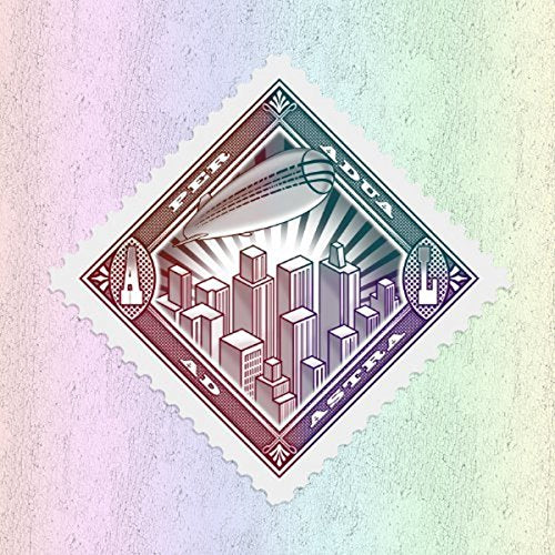 CD cover: stylized airship over a city skyline in a stamp design.