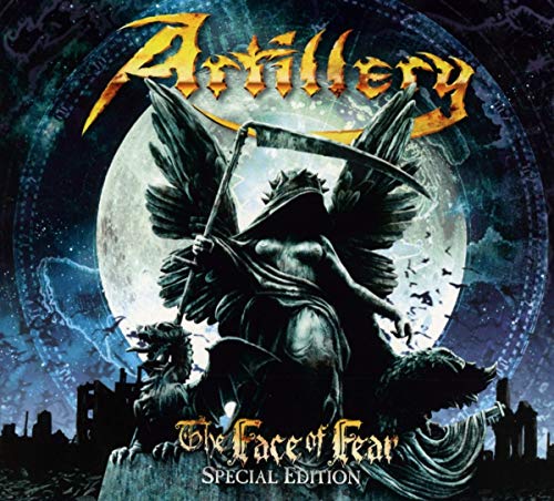 A winged grim reaper statue stands before a large moon with the band name above.