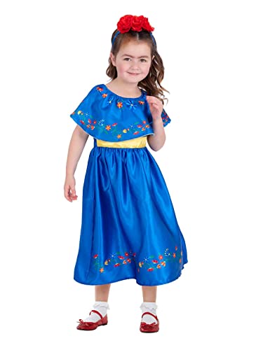 Girl in a bright blue dress with floral embroidery and a red flower crown.