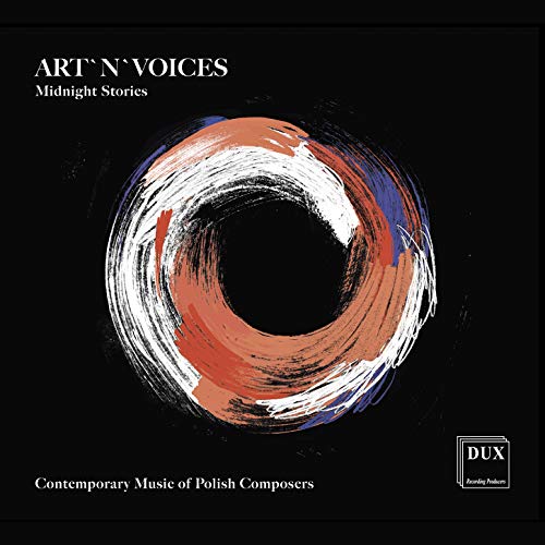 "CD cover with abstract orange, white, and blue circle on a black background."