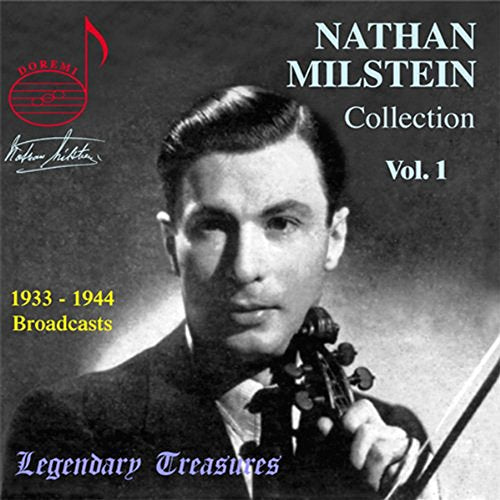 Black and white portrait of violinist Nathan Milstein with his instrument.