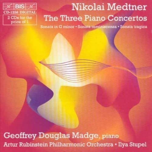 CD cover for Nikolai Medtner’s Three Piano Concertos, abstract orange design.