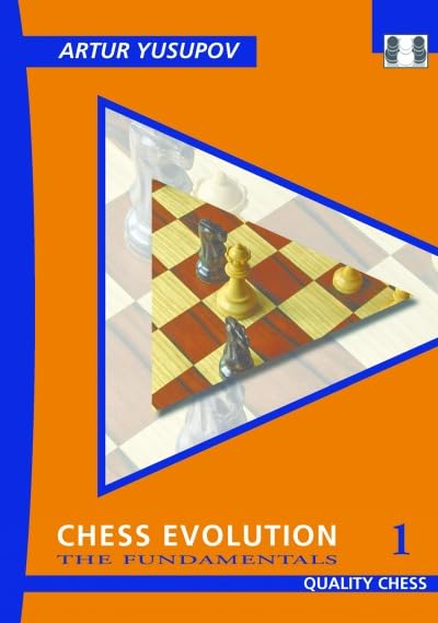 Book cover with orange background, title Chess Evolution 1, and triangular chess board graphic.