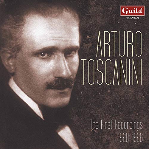 Sepia-toned portrait of Arturo Toscanini, conductor, with album title text.