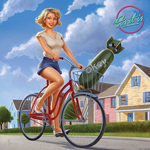 Woman on red bicycle with a bomb in the basket, suburban background.