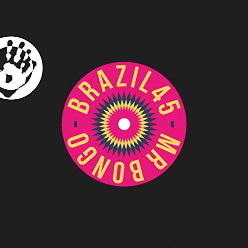 Black background with a pink and yellow circular Brazilian record label design.