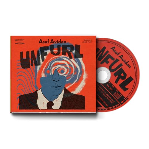 Asaf Avidan's "Unfurl" CD case and disc with swirling, colorful artwork.