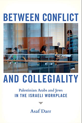 Book cover: “Between Conflict and Collegiality” with office scene backdrop.