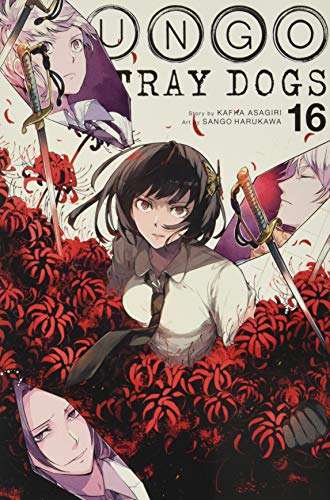 Bungo Stray Dogs, Vol. 16" manga cover with characters and red flower imagery.