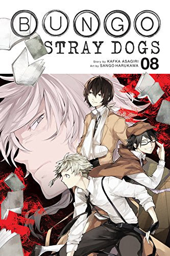 Manga cover of Bungo Stray Dogs Volume 8 featuring three male anime characters.