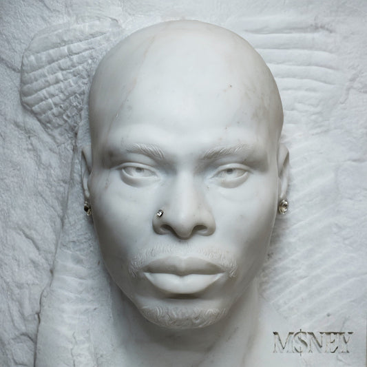 White marble sculpture of a man's face with nose and ear studs.