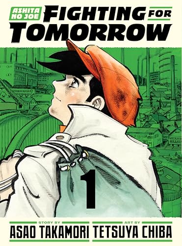 Manga cover: young man in cap and coat, industrial cityscape.