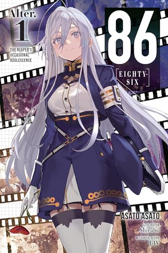 Book cover: Anime girl with long silver hair, military uniform, and red rose.
