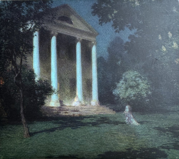 Painting of a classical building at night with a figure in a garden.