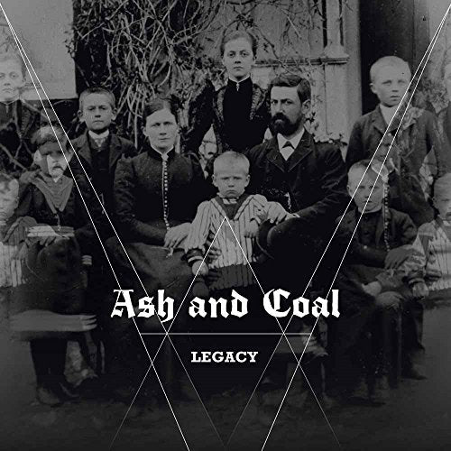 Vintage family portrait with geometric overlay and album title "Ash & Coal - Legacy".