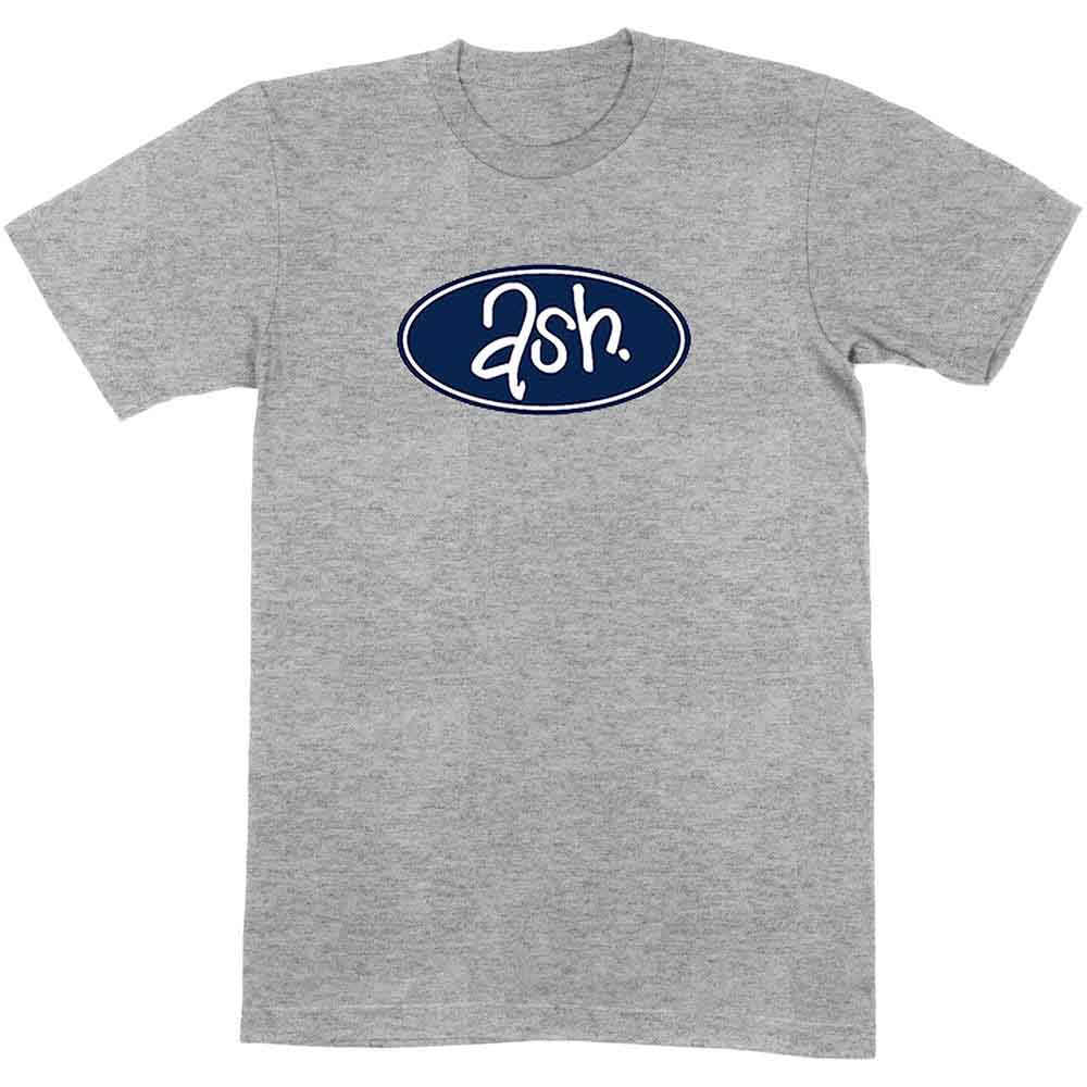 Grey t-shirt with a navy blue oval and white “Ash.” logo.