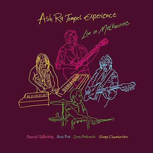 "Album cover with maroon background, neon outlines of musicians, and band names."