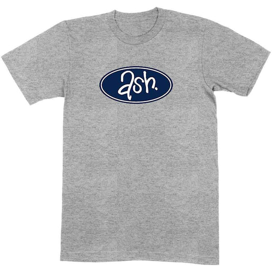 Grey t-shirt with a navy blue oval and white “Ash.” logo.