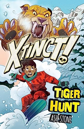 Book cover: boy on skis, facing a snarling saber-toothed tiger.