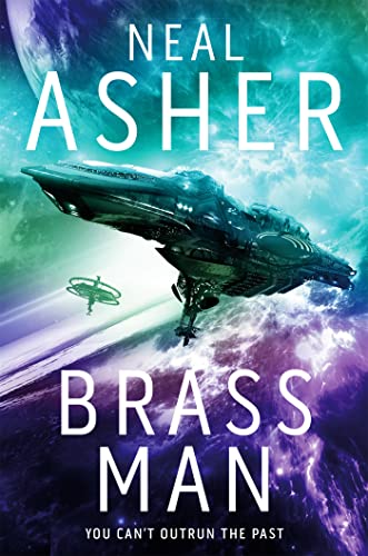 Book cover: spaceship in a nebula with large title "Brass Man".